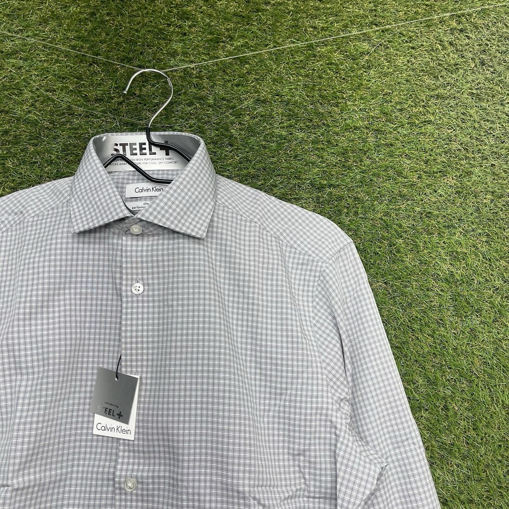 Calvin Klein Steel+ Dress Shirt Mens 15.5 32/33 Slim Fit Steel Gray Performance
